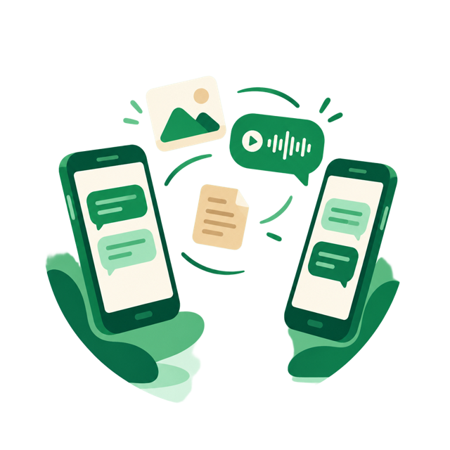 Two phones sharing messages, a photo, a voice note and a document